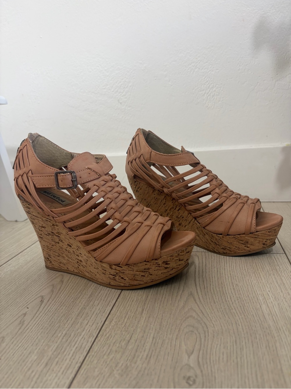 Not Rated Tan Caged Cork Platform Wedge Heels size 7